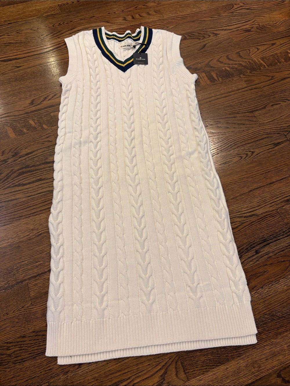 The Normal Brand NWT Cable Knit Sleeveless Sweater Dress with Striped V-Neck, S